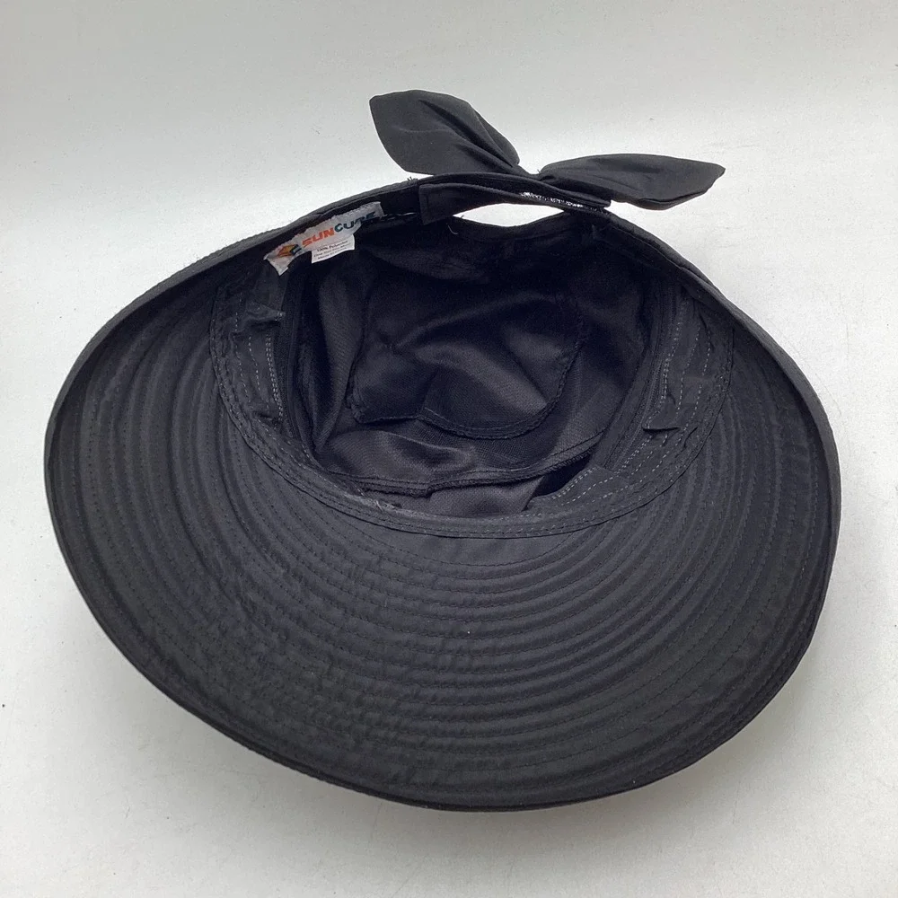 SunCube Black Wide Brim Sun Hat Visor 2-in-1 Removable Top Packable Bow Detail